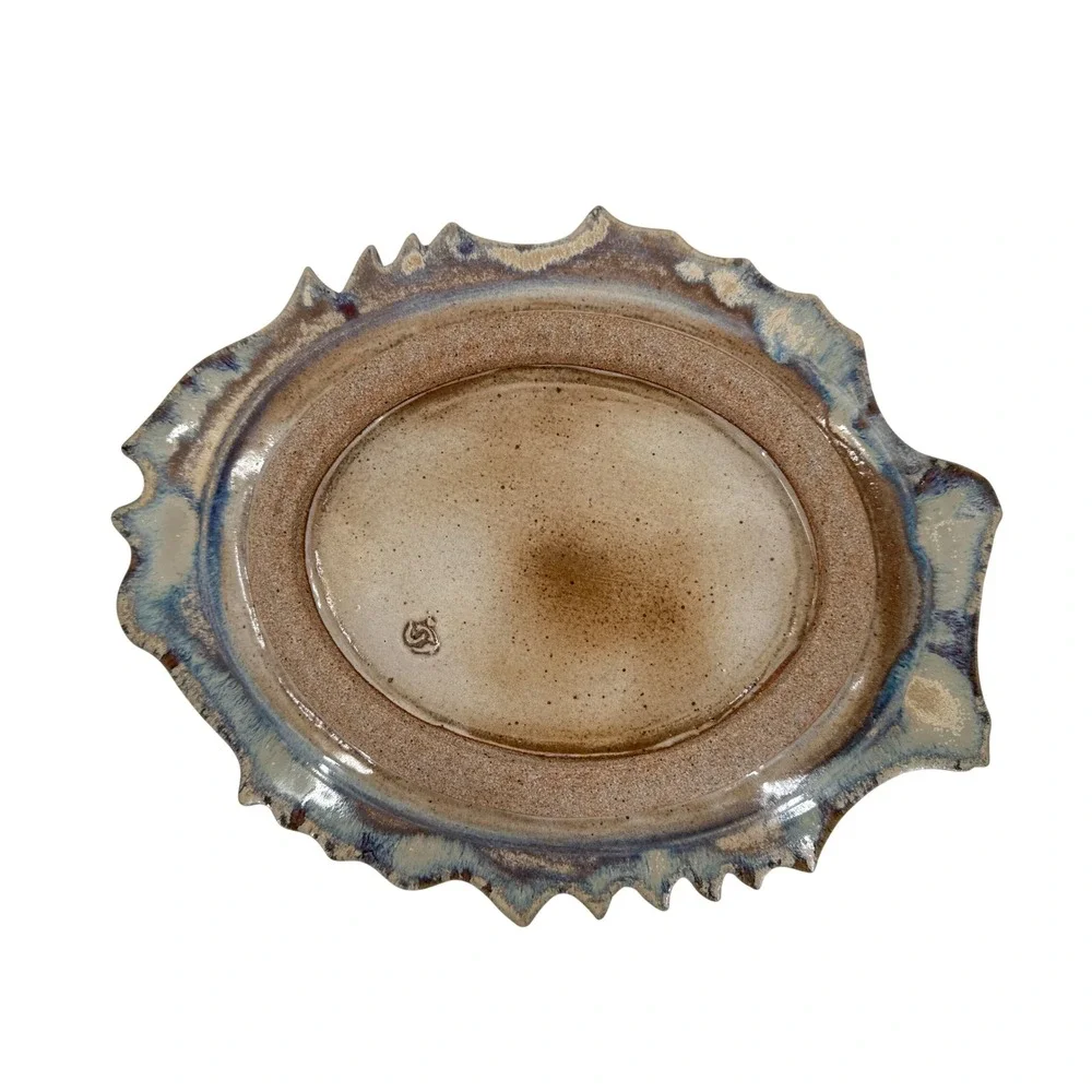 Studio Pottery Abstract Glaze‎ Jagged Rim Platter Signed Artisan Serving Tray
